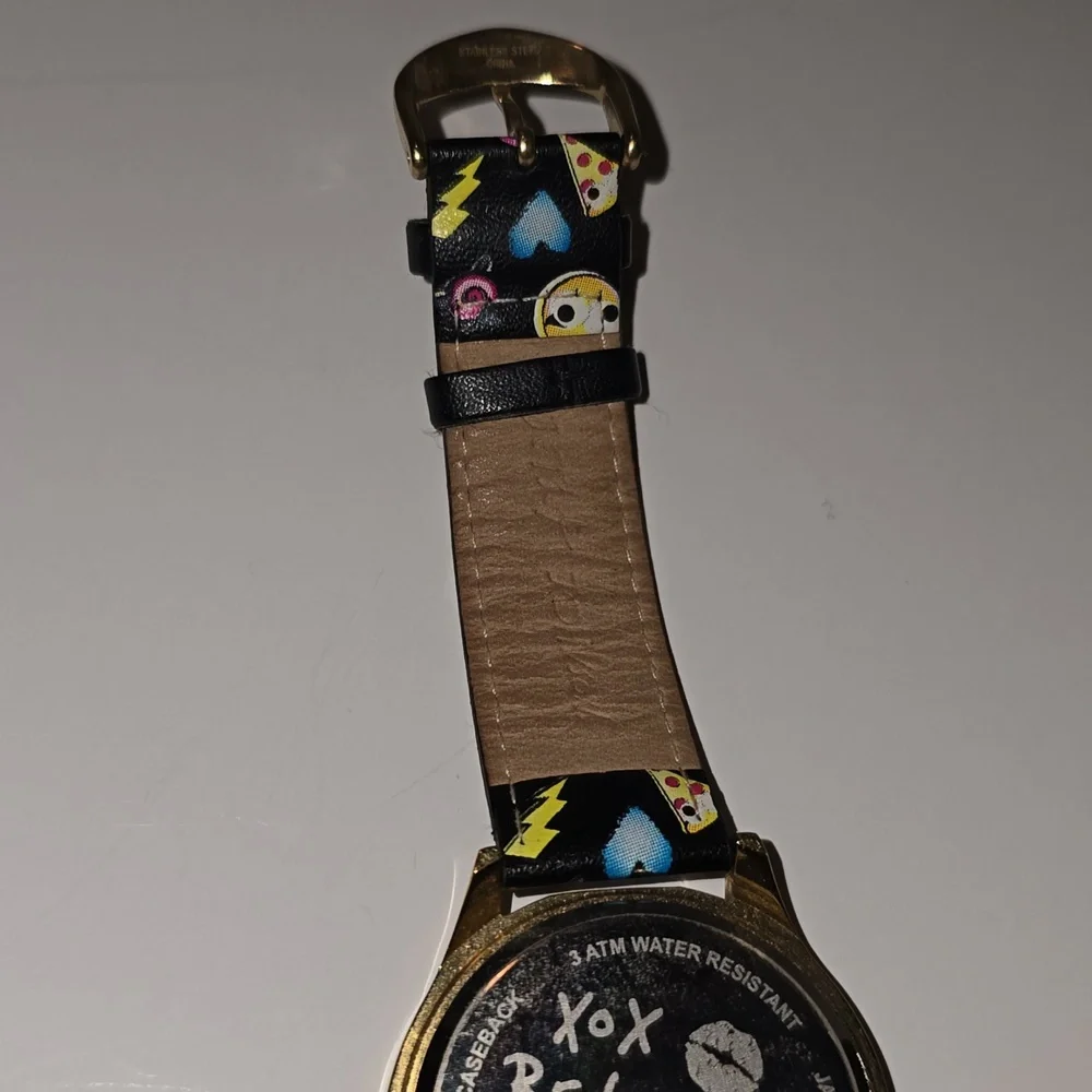 Betsey Johnson Gold Cartoon Watch with Black Strap